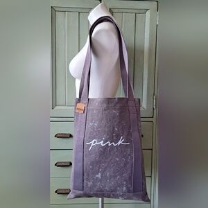 Victoria's Secret PINK Canvas Travel Tote Bag Beach Gym Gray Logo NWT